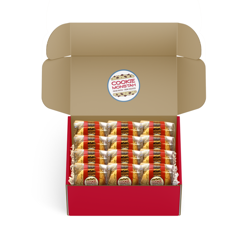 Box of cookies with a visible brand label on a white background