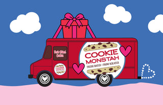 Illustration of a red cookie truck with a blue sky and white clouds in the background.