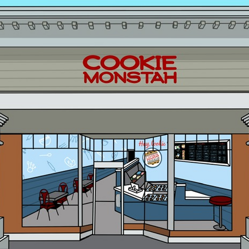 Cartoon-style depiction of a store front with 'Cookie Monstah' sign