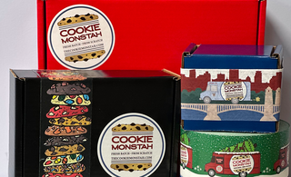 Three cookie boxes with 'Cookie Monster' branding on a gray background