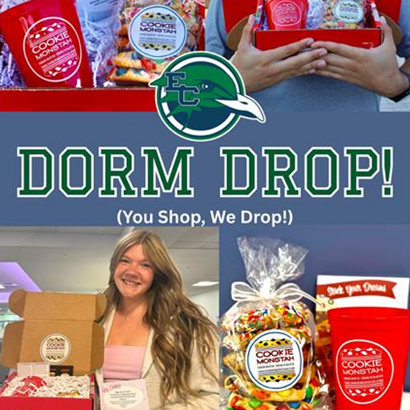 Promotional image for 'Dorm Drop' service with branded products and a smiling person holding a box.